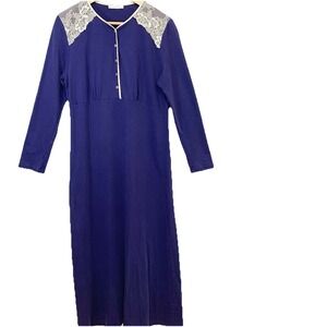 Donatella Pima Cotton Long Nightgown Medium Blue Lace Trim Long Sleeve Made Peru